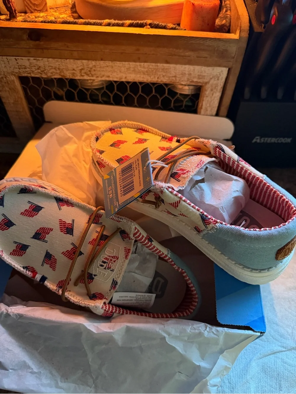 Hey Dude Kids Boat Shoes in Red, White and Blue Flag Print